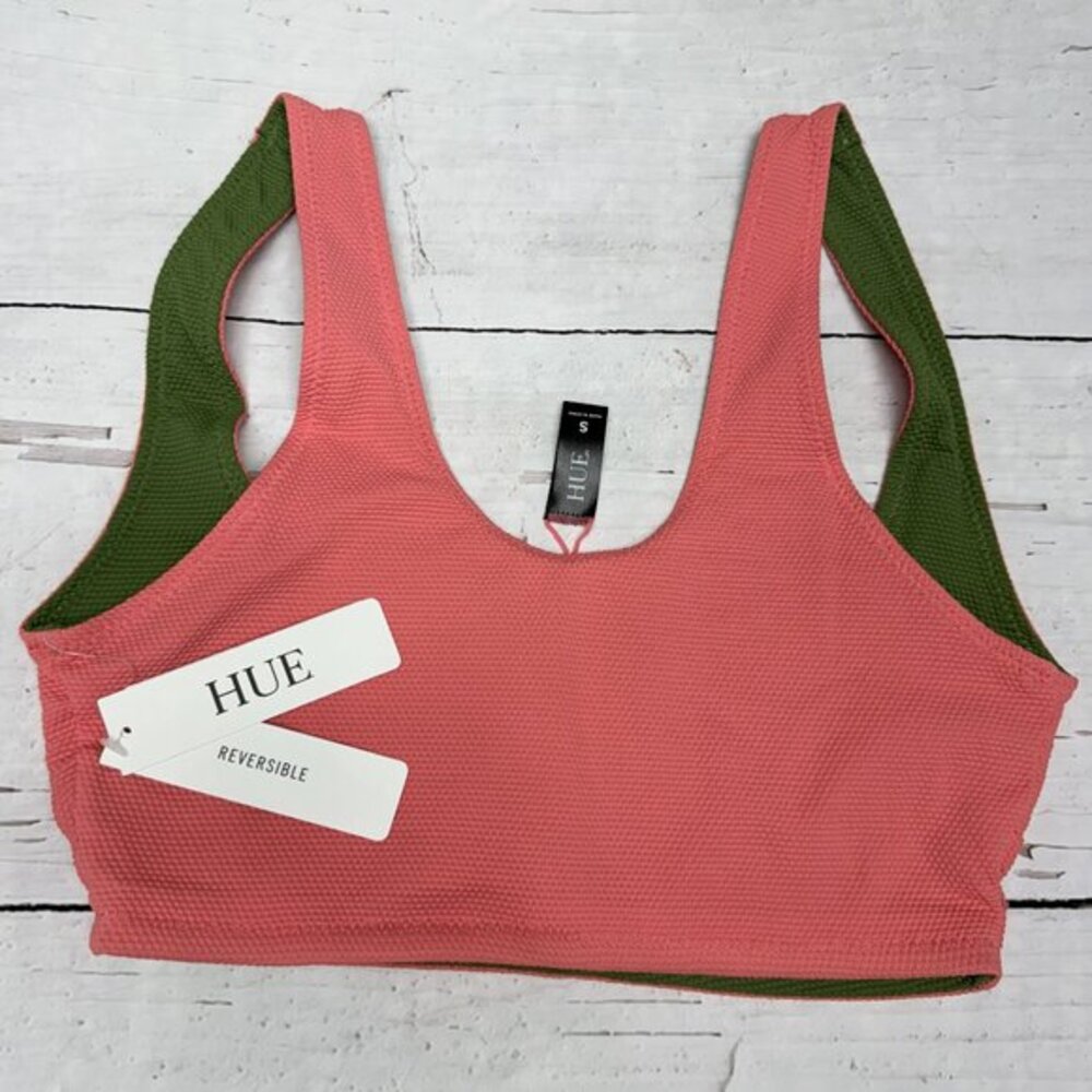 NWT‎ HUE Reversible Textured Swim Top Coral Green Size S Sporty Beach